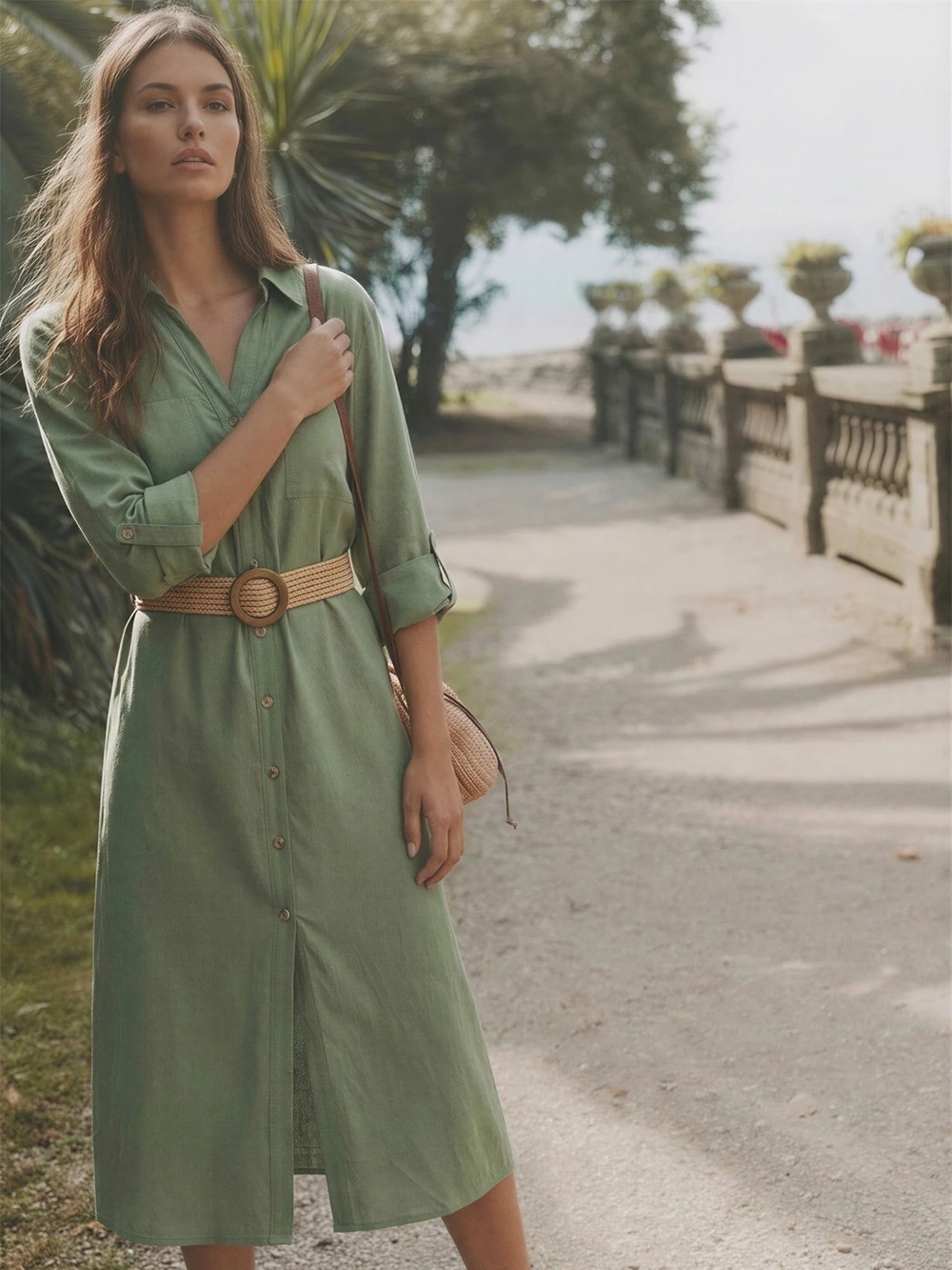 Long Sleeve Utility Button Down Linen
Shirt Midi Dress in Sage Green